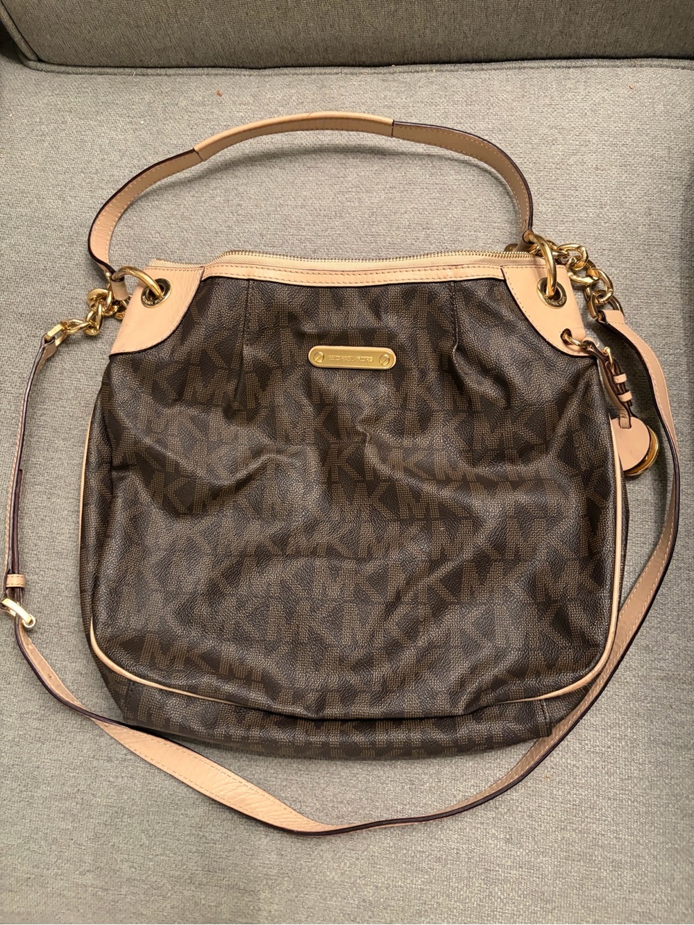 Michael Kors Dark Brown Logo Shoulder Bag with Tan Leather Trim
